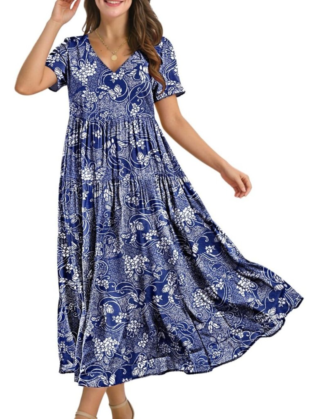 Women's Summer Maxi Dresses Casual Floral Short Sleeve V Neck Boho Beach